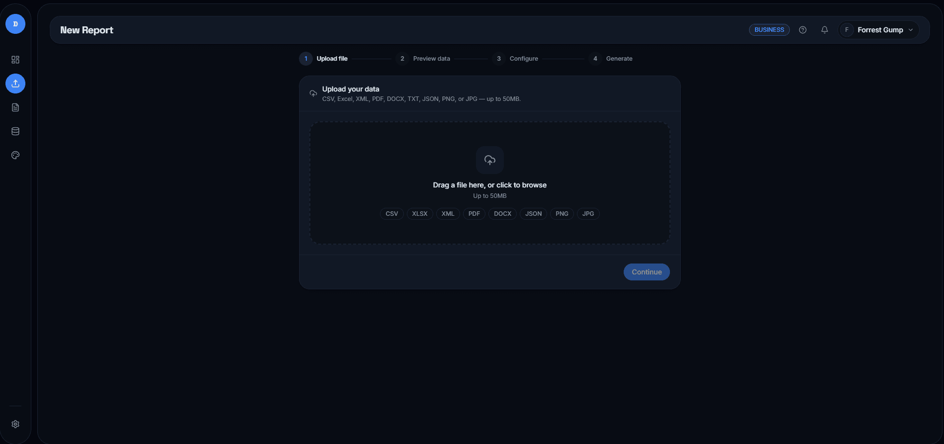 DataBrief upload screen with file upload, data preview, configuration, and generation steps.