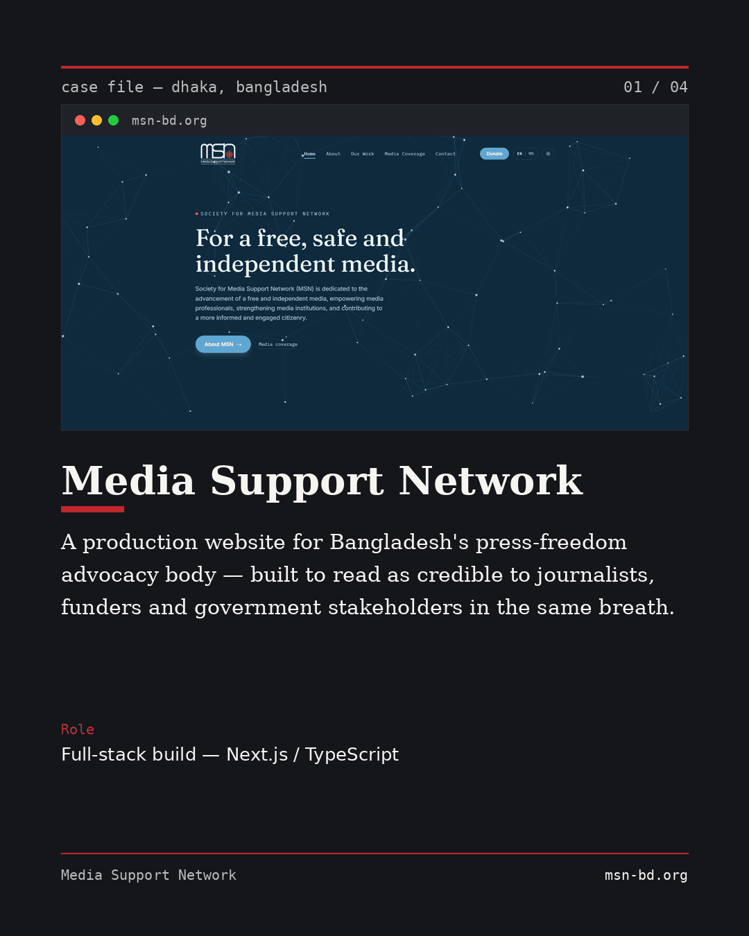 Media Support Network homepage with the headline 'For a free, safe and independent media'