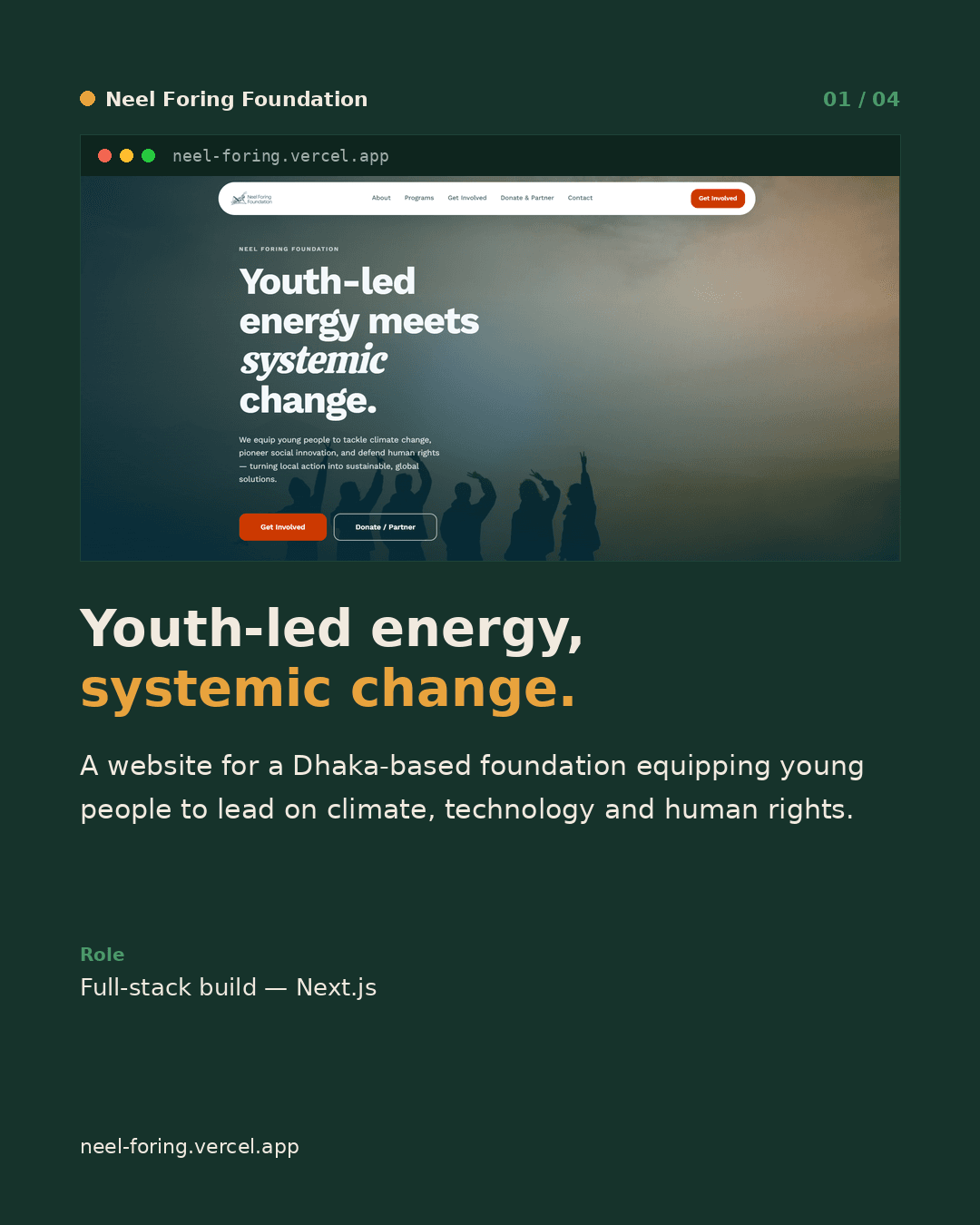 Neel Foring Foundation homepage with the headline 'Youth-led energy meets systemic change'
